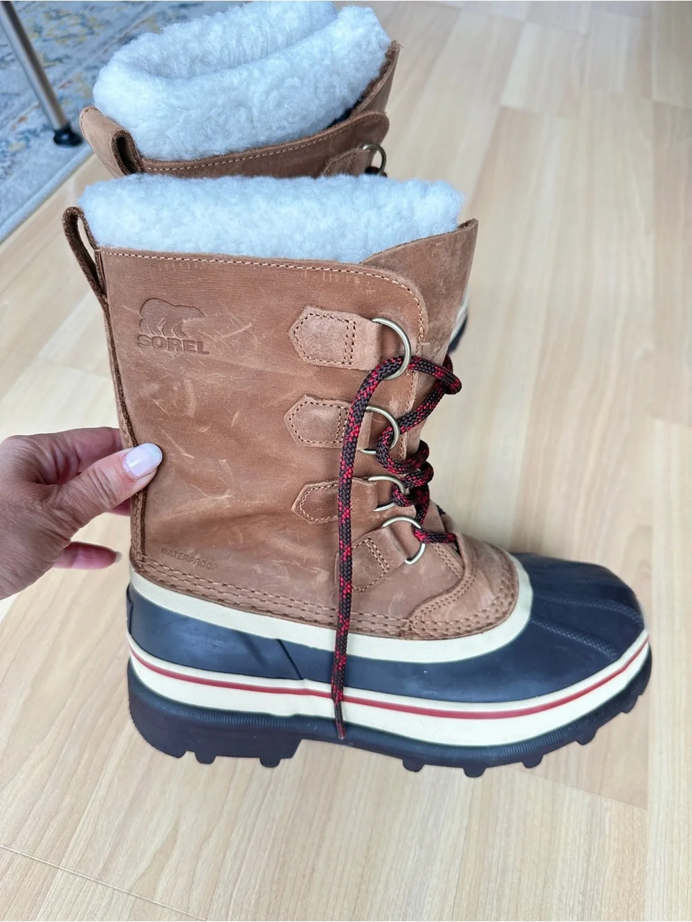 Sorel Tan and Black Waterproof Winter Boot with Red-Accent Laces